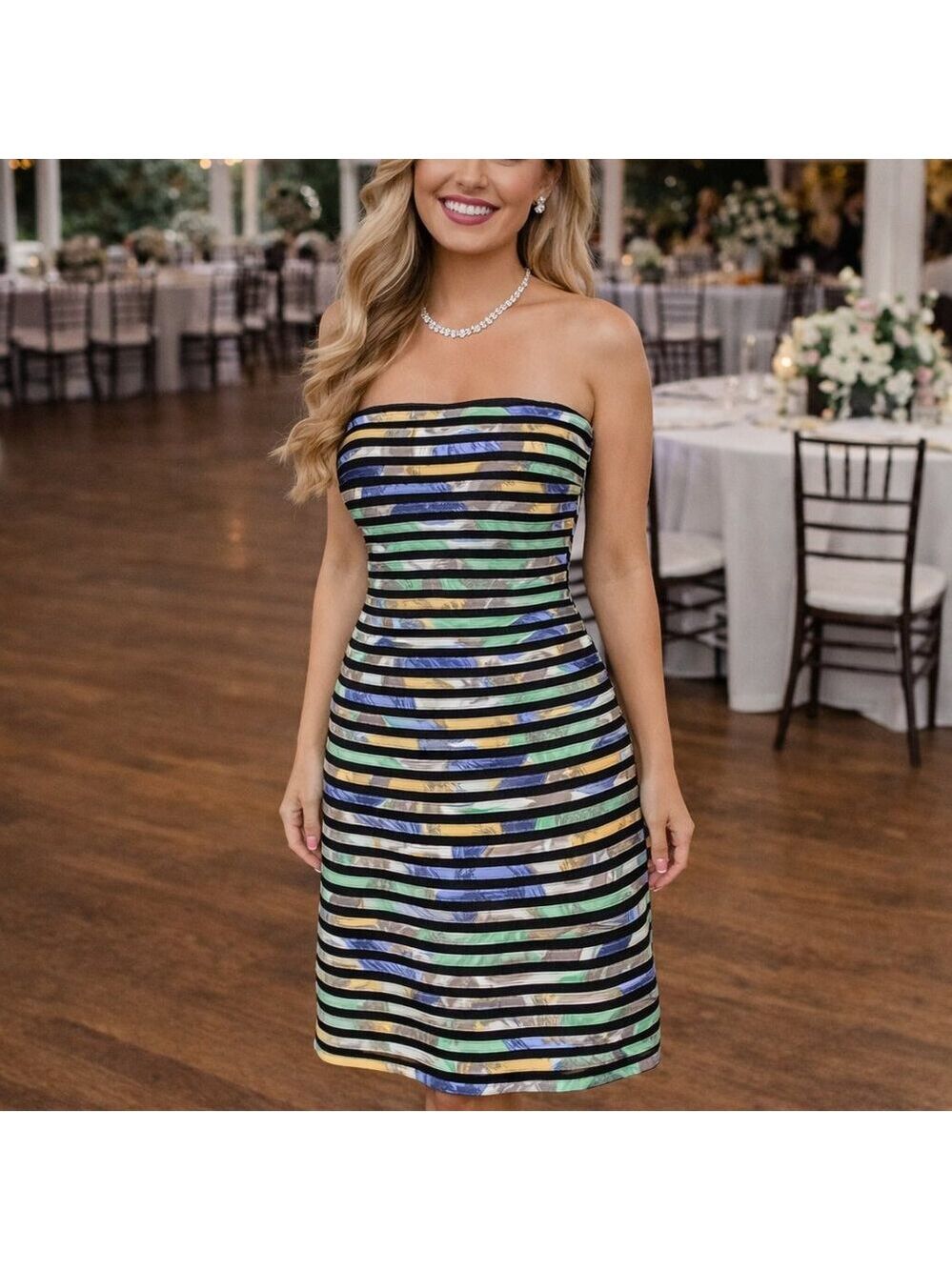 BCBGMaxAzria Strapless A-Line Dress Size 4 | Black Stripe Floral Print Cocktail